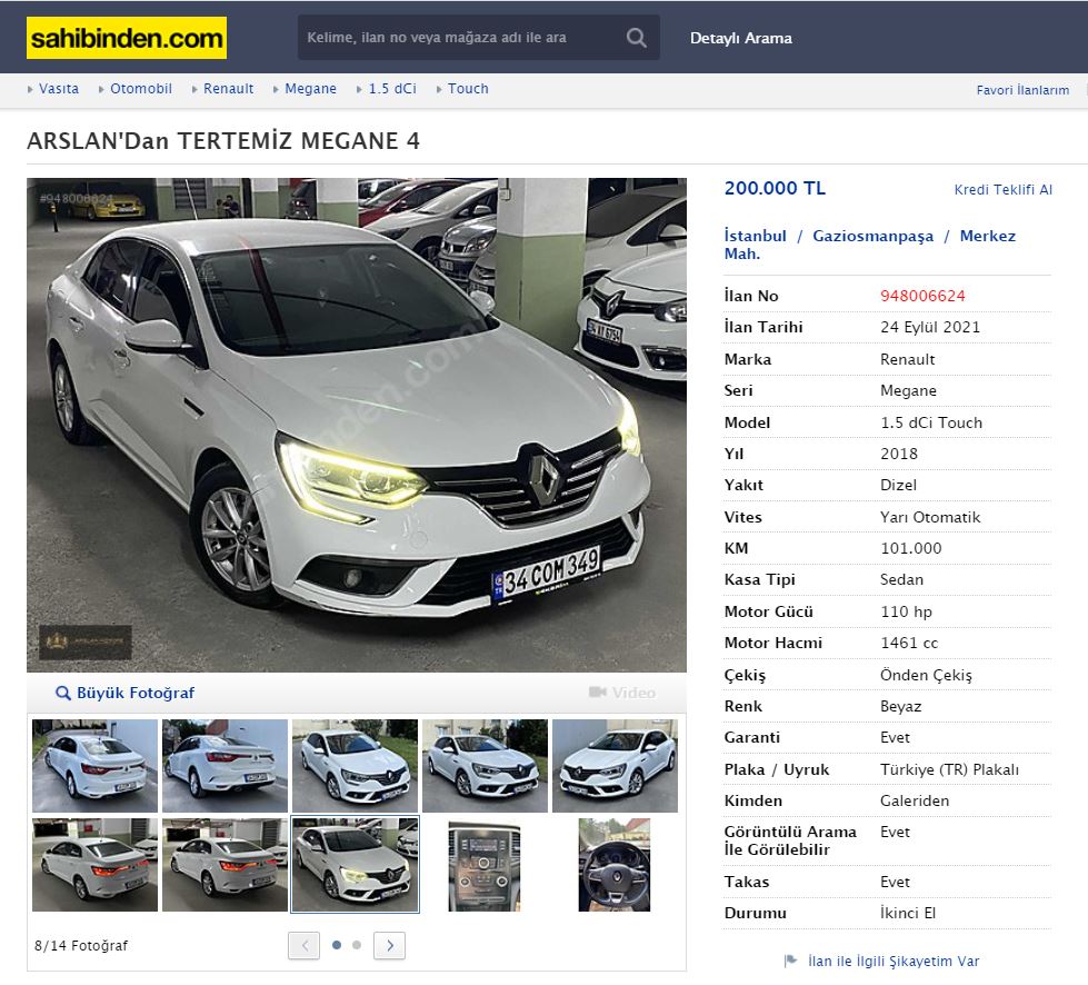 نمونه یک آگهی خودرو در سایت های خرید و فروش اتومبیل در بازار خودرو ترکیه